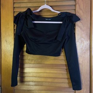 Black Self Tie Bow Shoulder Long Sleeve Crop Top